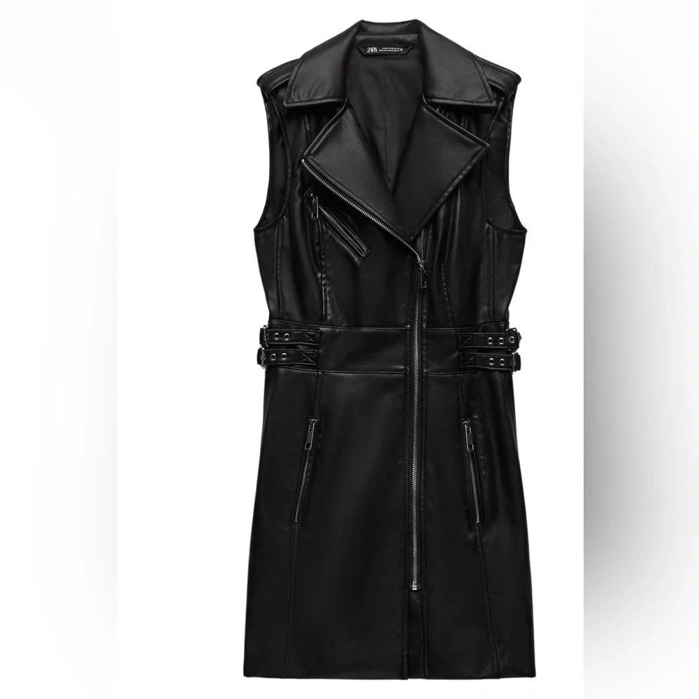 Black Faux Leather Moto Dress with High Collar and Asymmetrical Closure